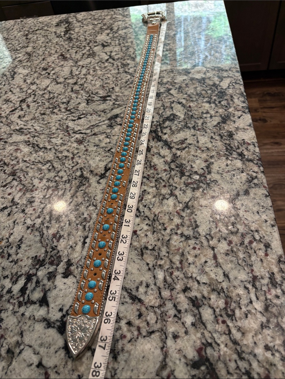 Western Bling Leather Belt Turquoise Stones & Silver Buckle w/ rhinestones - Picture 6 of 6
